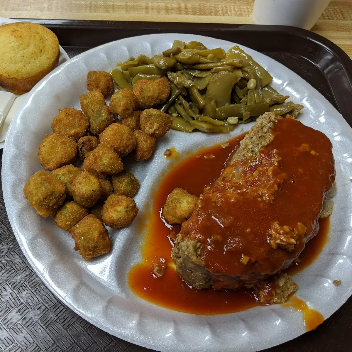 Meatloaf Green Beans Fried Okra and Cornbread