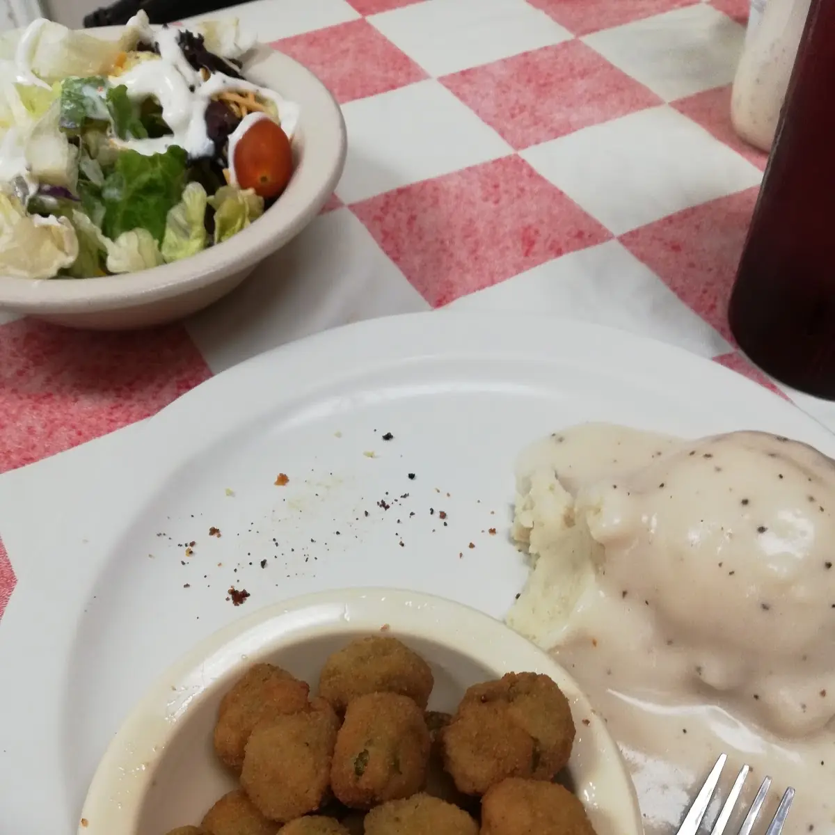Fried Okra with Mashed Potatoes with Gravy