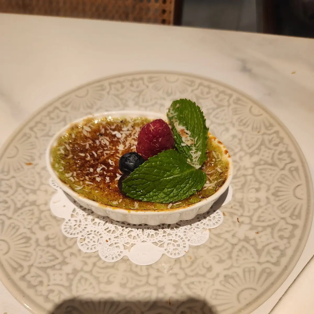 Pandan Creme Brulee with Berries