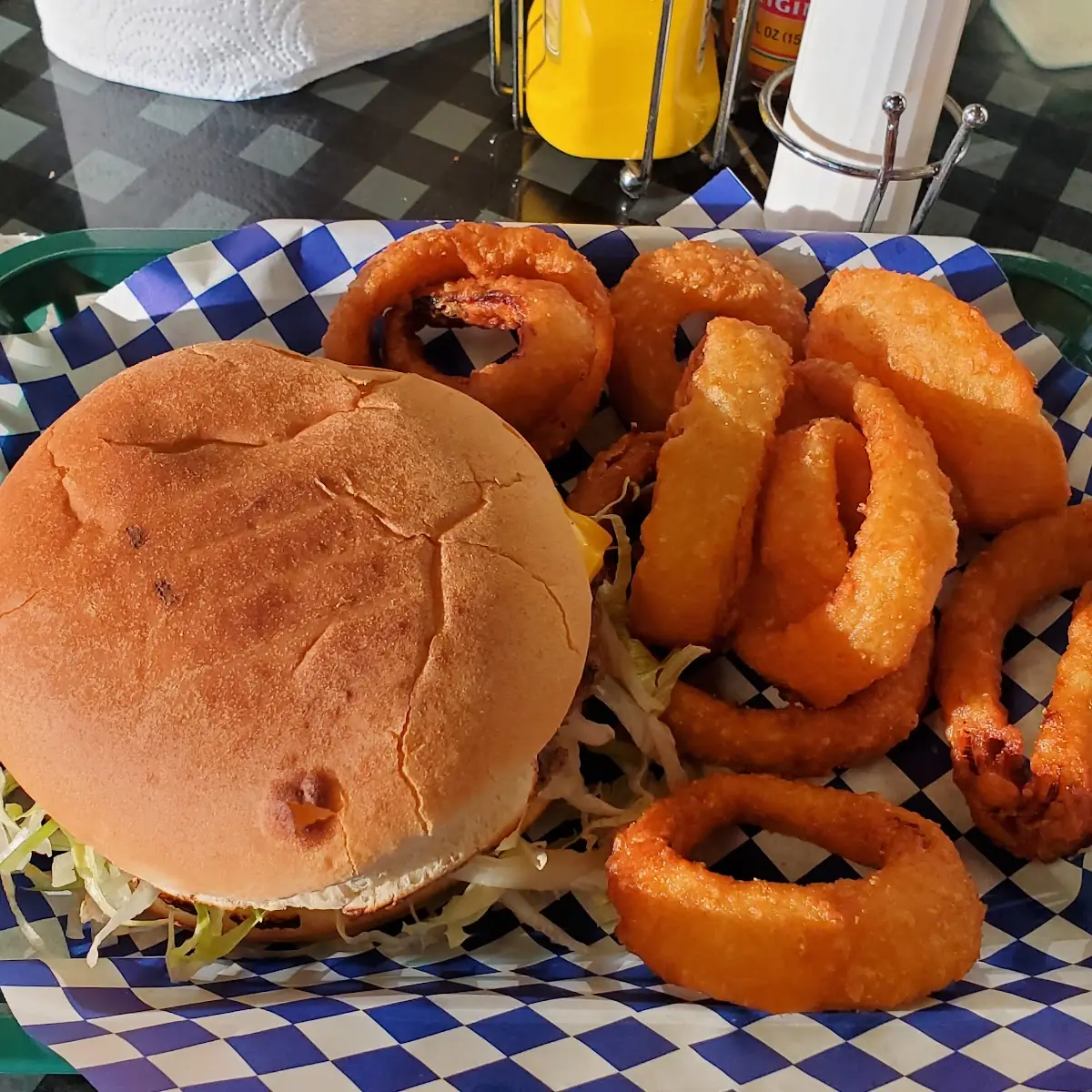 Burger and Onion Rings