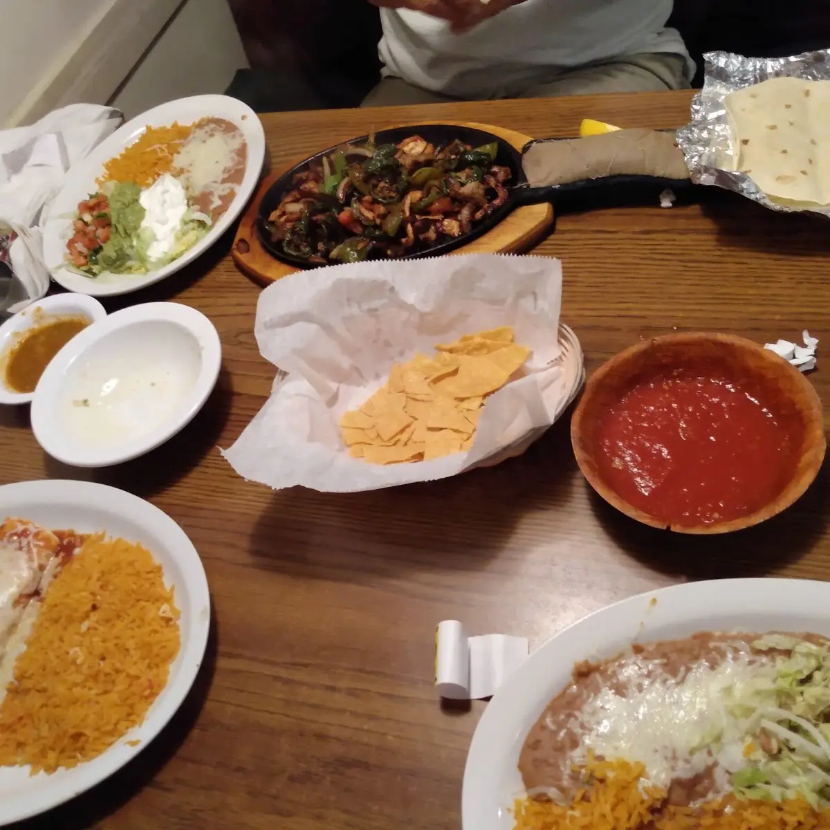 Salsa and Chips with Mixed Fajitas Plus Burritos with Rice and Beans