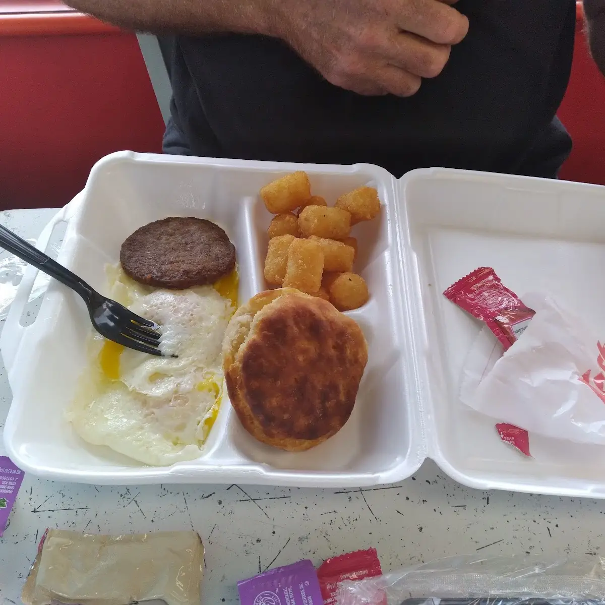 3eggs Sausage Biscuit Tots and Small Drink
