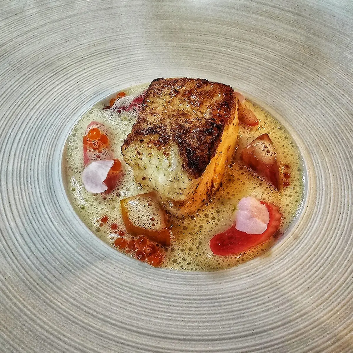 Butternut Squash & Rice Koji Velouté Persimmon Seared Foie Gras Beeswax Poached Sweet Potatoes