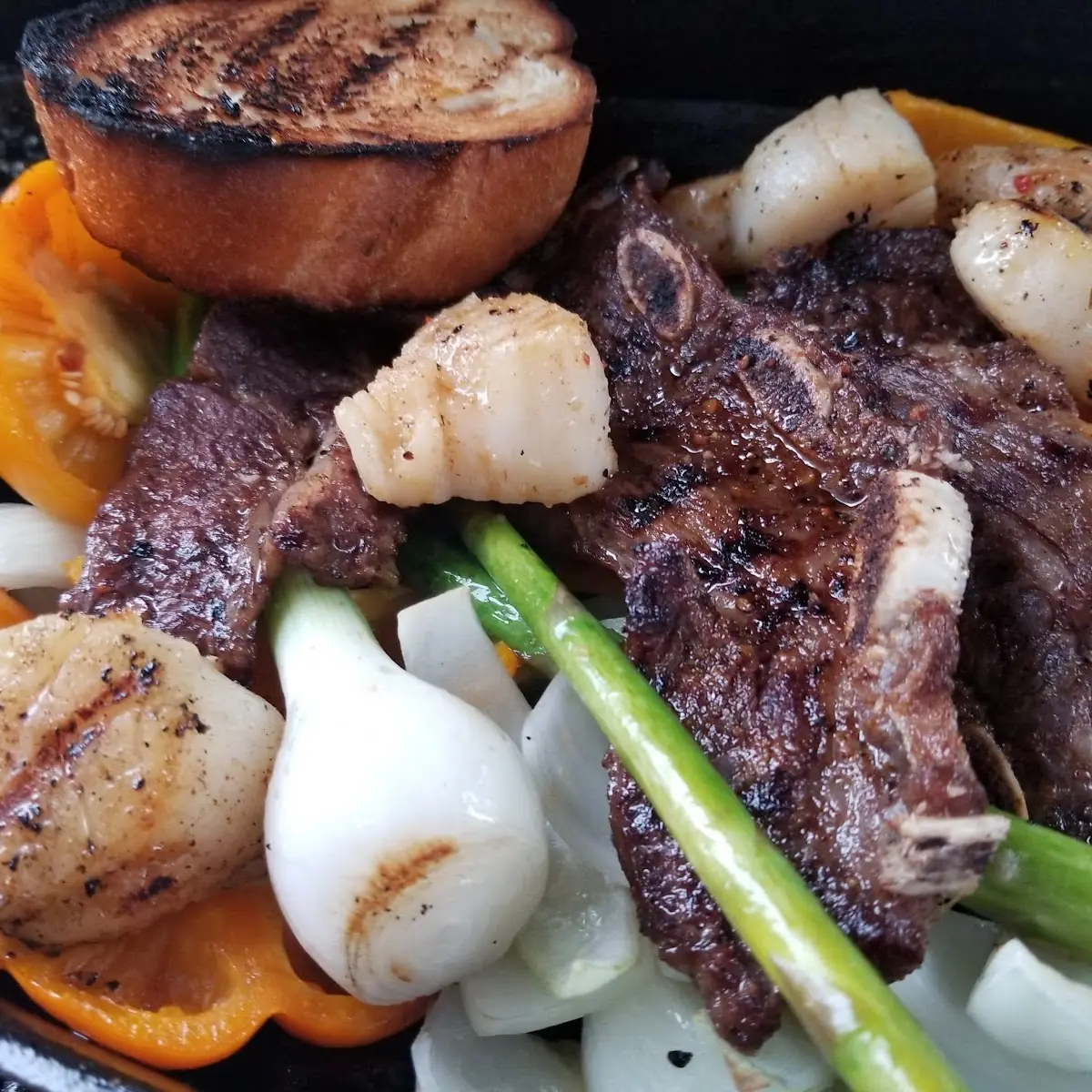 Grilled Scallops and Rib Tip Dinner