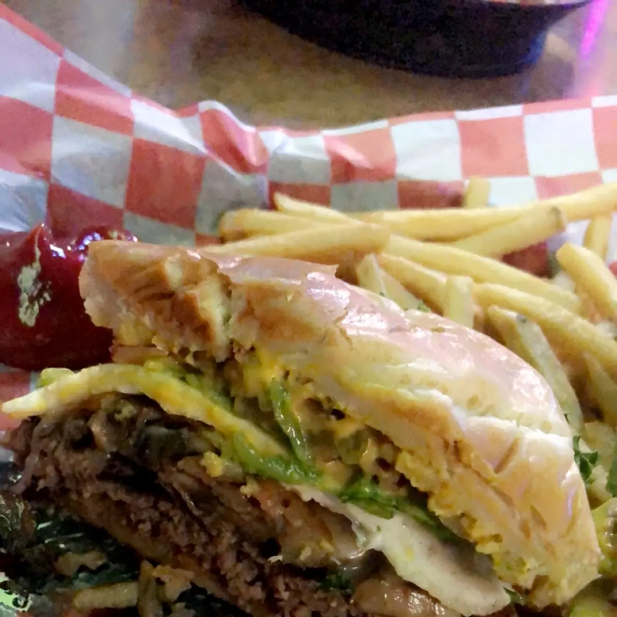 Bacon Swiss Shroom Burger with a Fried Egg
