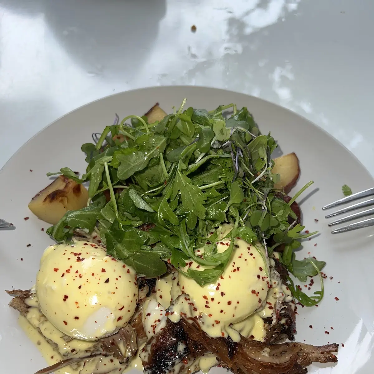 Eggs Benedict with Pork and Potatoes