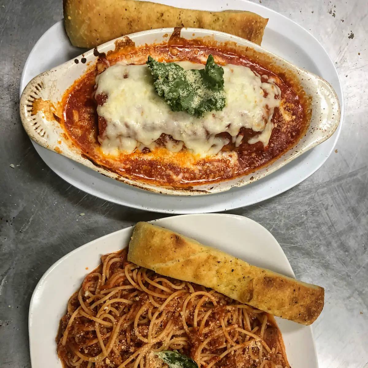 Half Portion Lasagna and Garlic Bread
