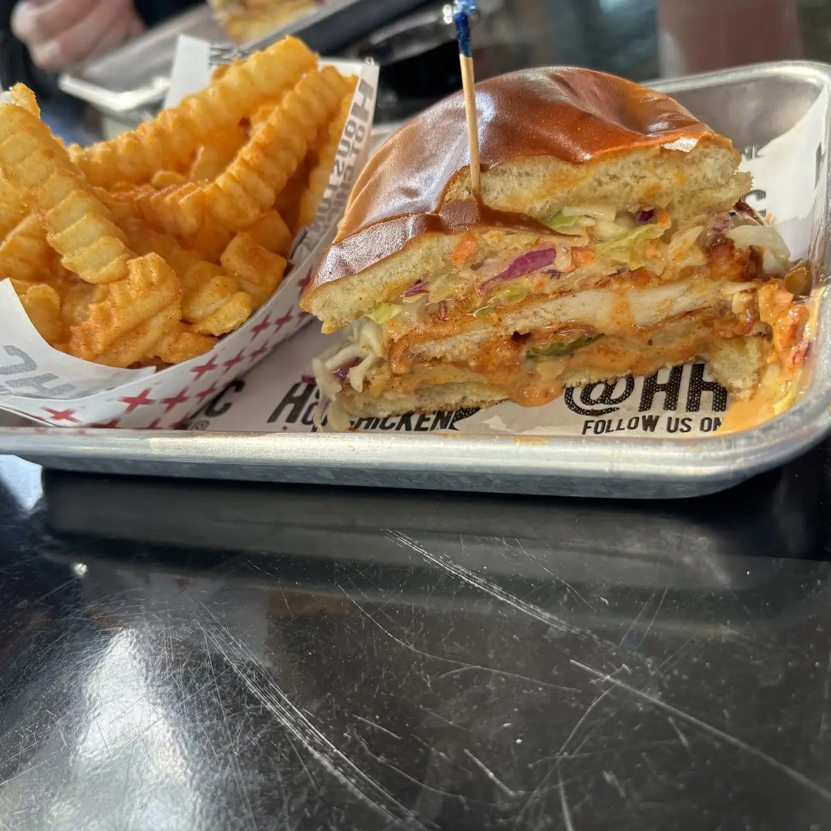 Chicken Burger and Fries with Cheese Sauce