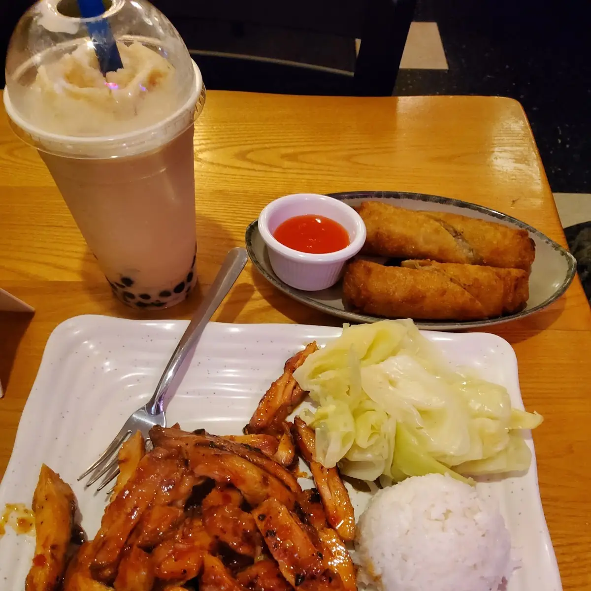 Spicy Chicken Teriyaki with Egg Roll and Peach Mango Bubble Tea