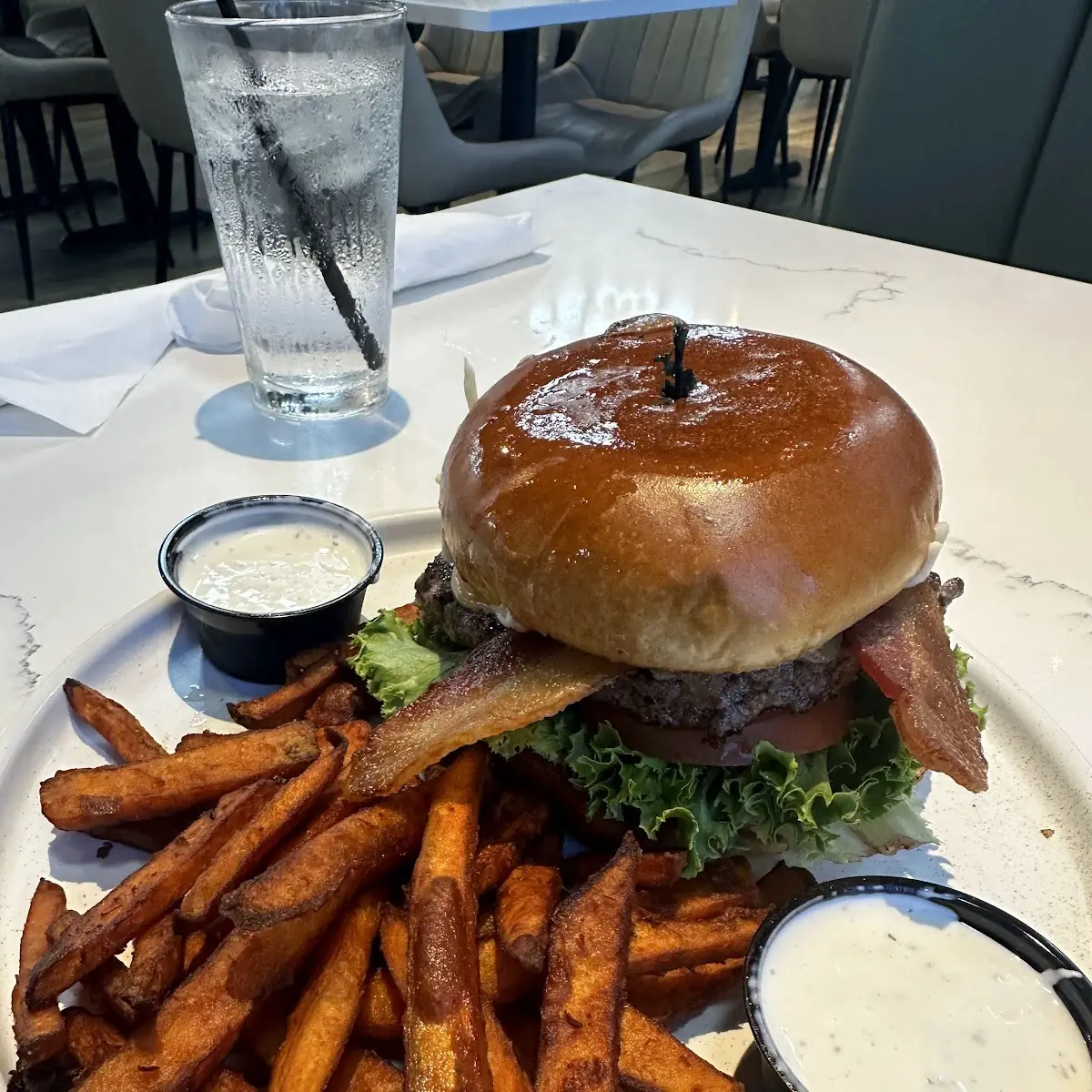 Bacon Pepper Jack Burger & Sweet Potato Fries