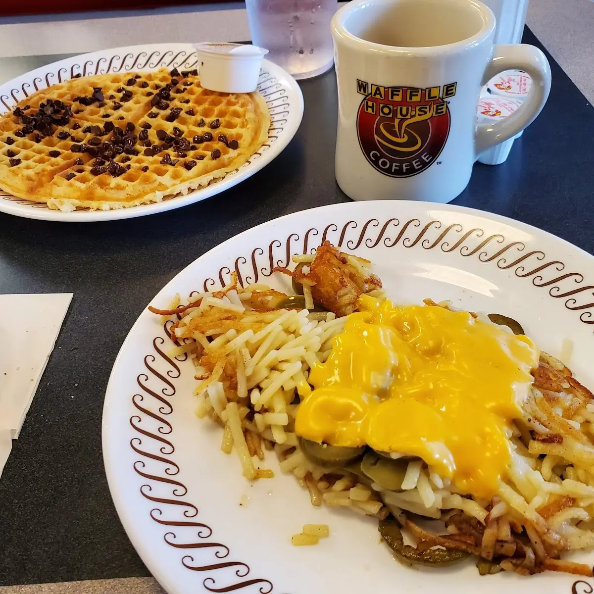 Hashbrowns and Chocolate Chip Waffle