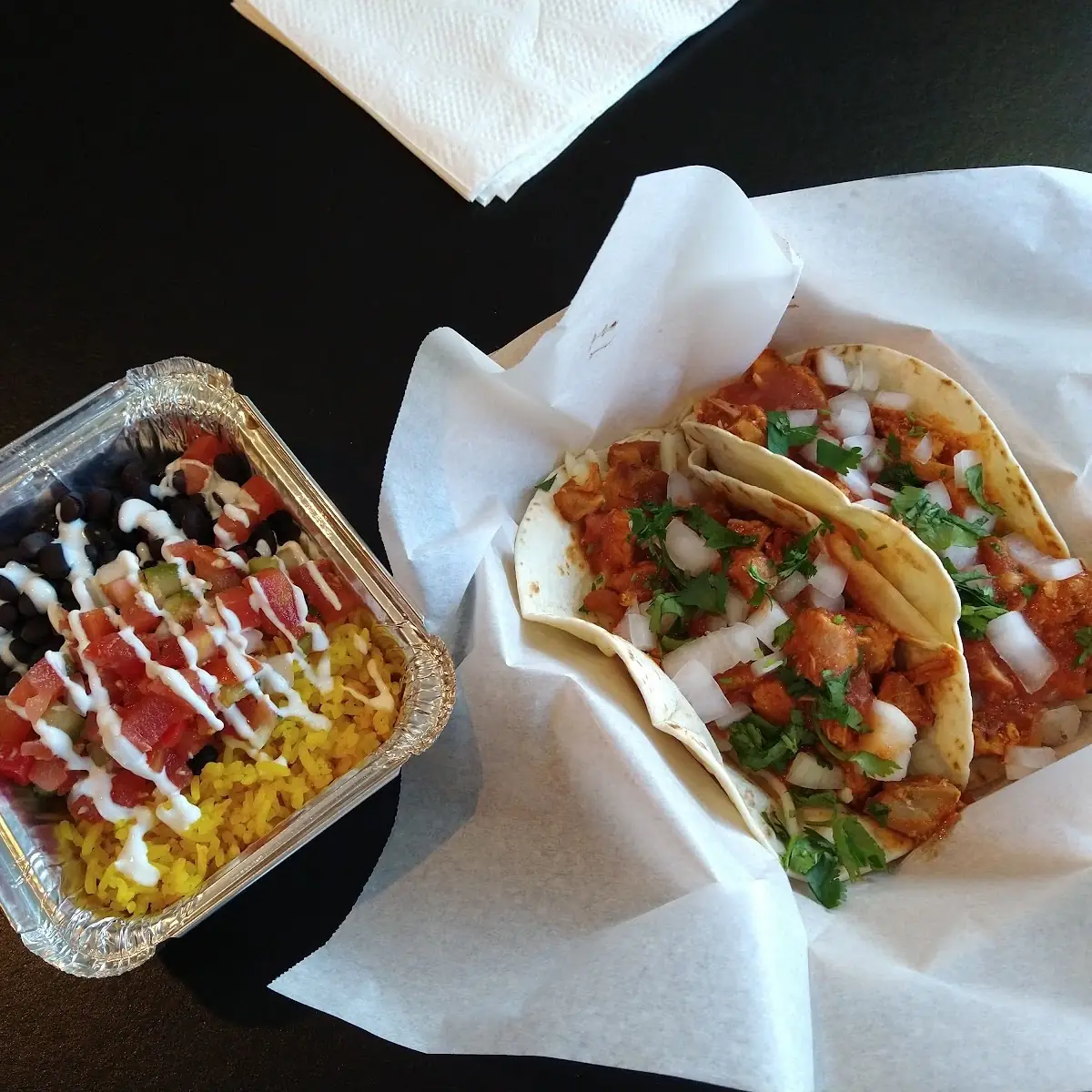 Adobo Chicken Tacos with Beans and Rice