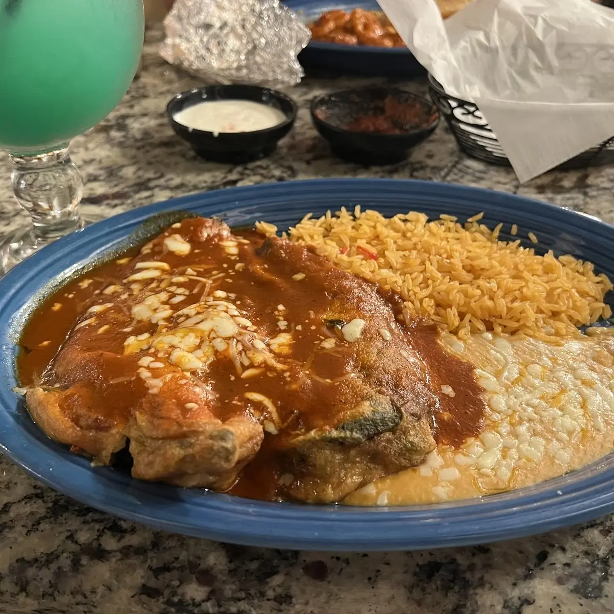 One Chile Relleno One Beef Enchilada Rice and Beans