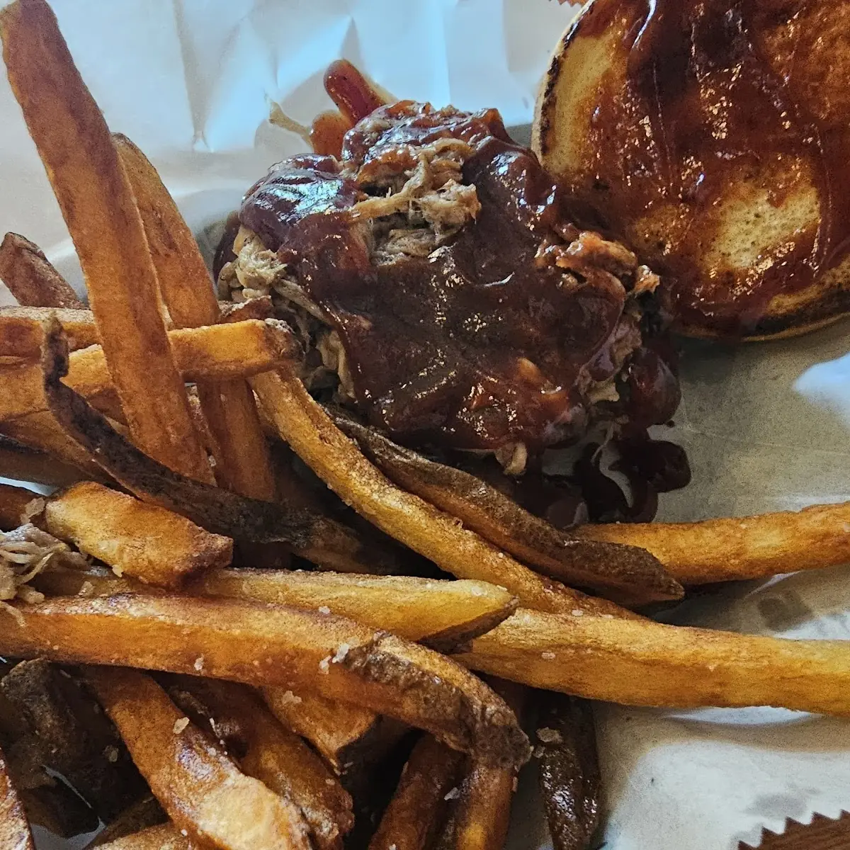 Pulled Pork Sandwich and Fries