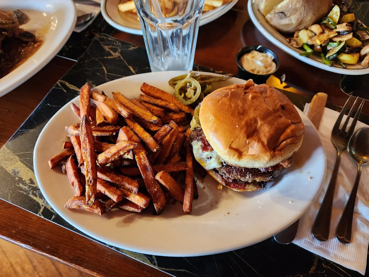 Bison Burger with Provolone Cheese Bacon Jalepenos with a Side of Sweet Potato Fries