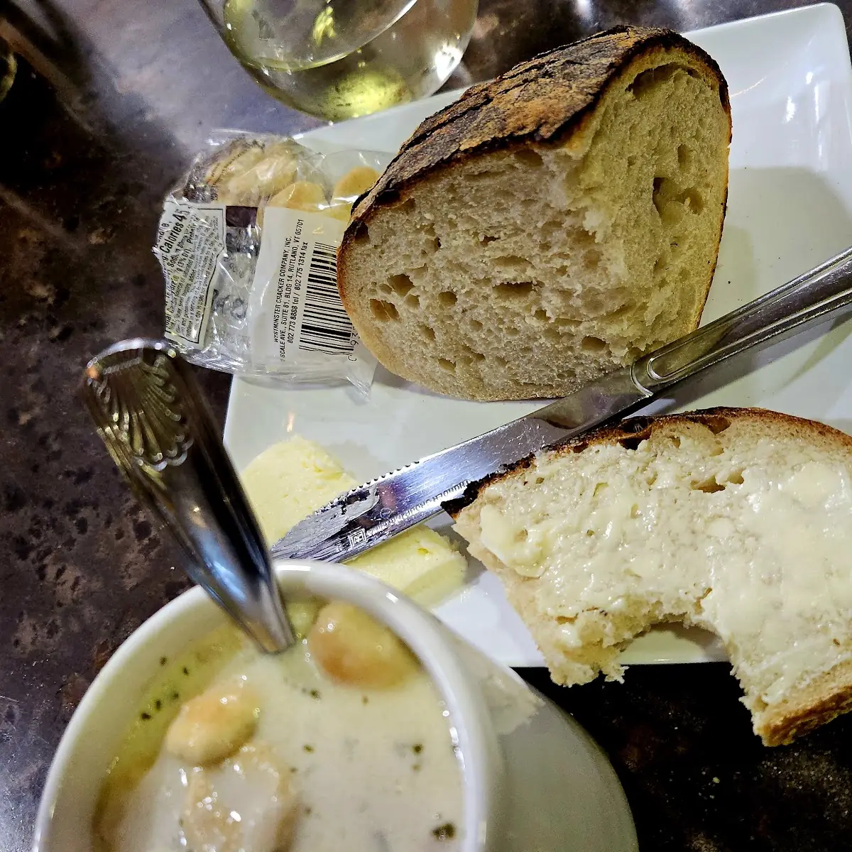 Cup Clam Chowder Bread Butter Sauv Blanc