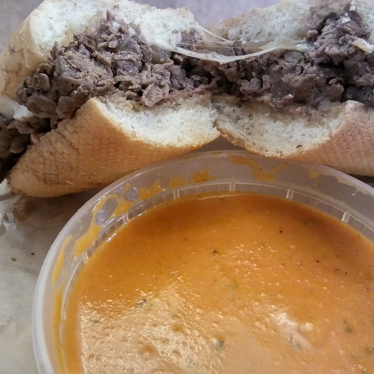 Cheese Steak with Tomato and Basil Soup