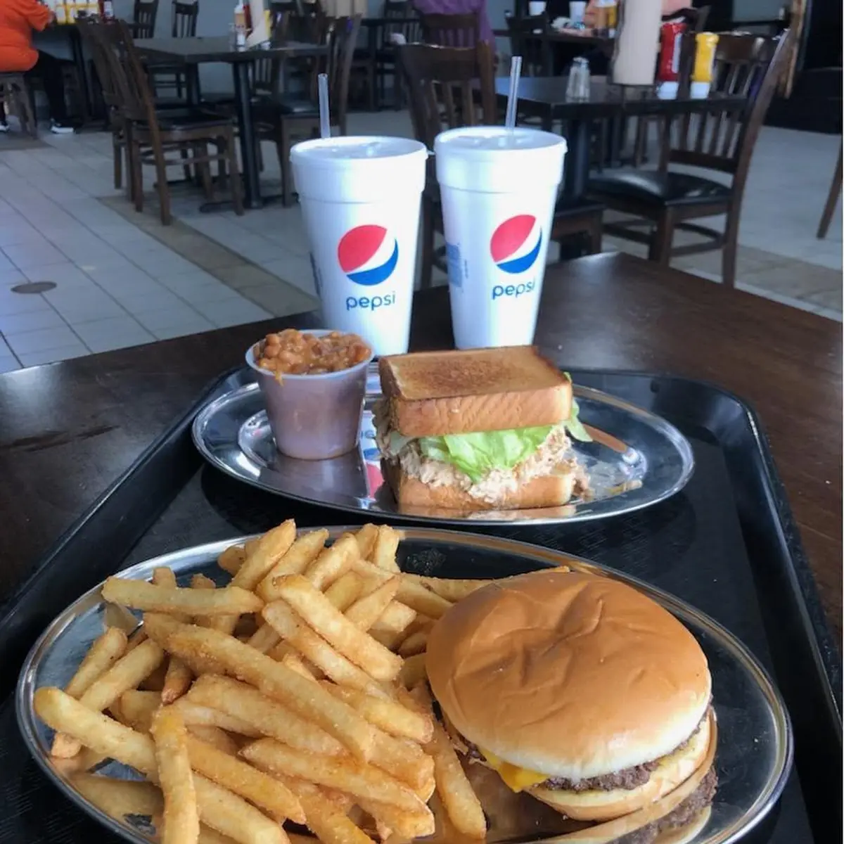 Smoke Chicken Salad Sandwich Combo and Hamburger & Fries with Cheese