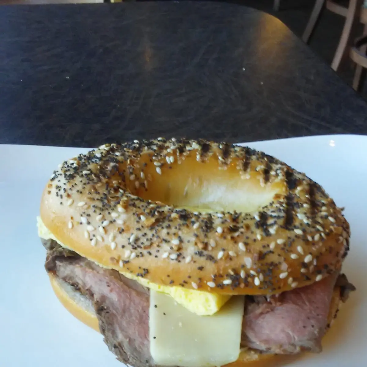 Steak and Egg Bagel Breakfast Sandwich