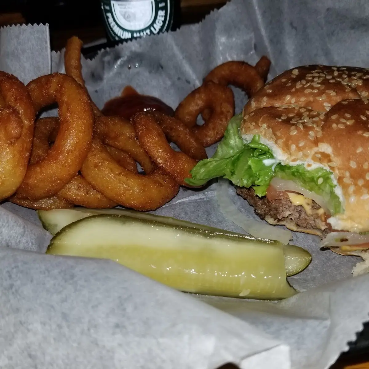 Burger and Onion Rings
