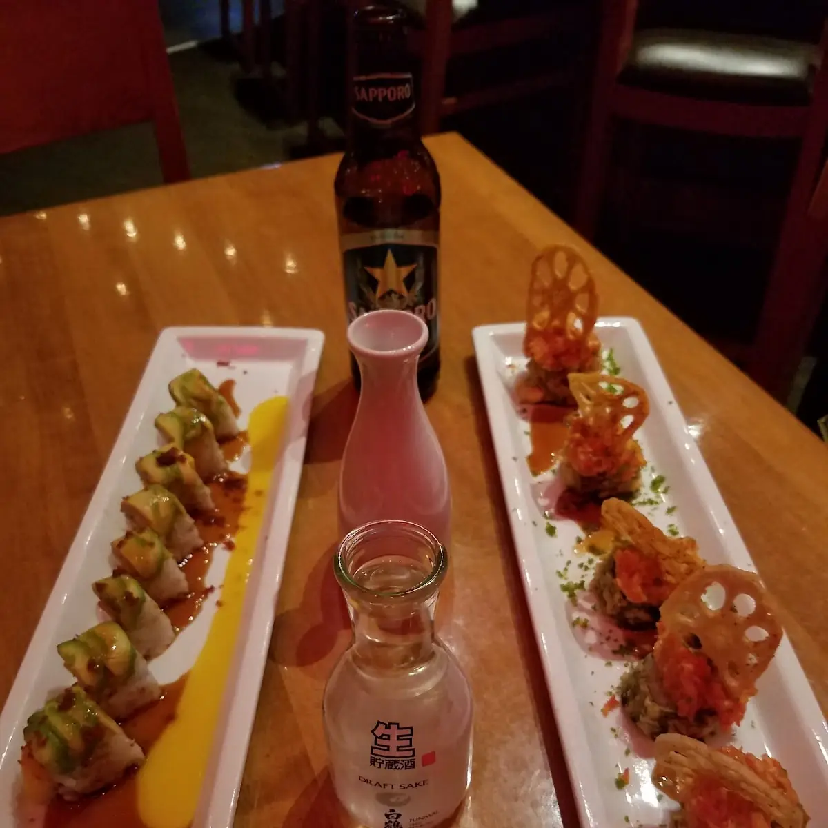 Crazy Monkey Roll Las Vegas Roll a Beer Some Hot Sake and Some Cold Sake