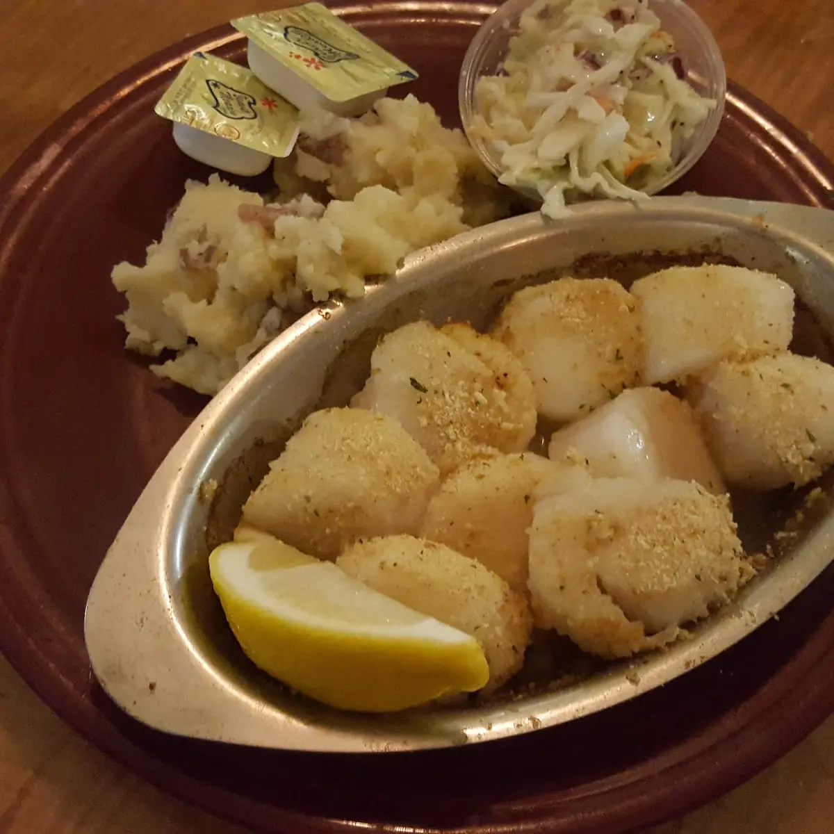 Scallops with Mashed Potatoes and Cole Slaw