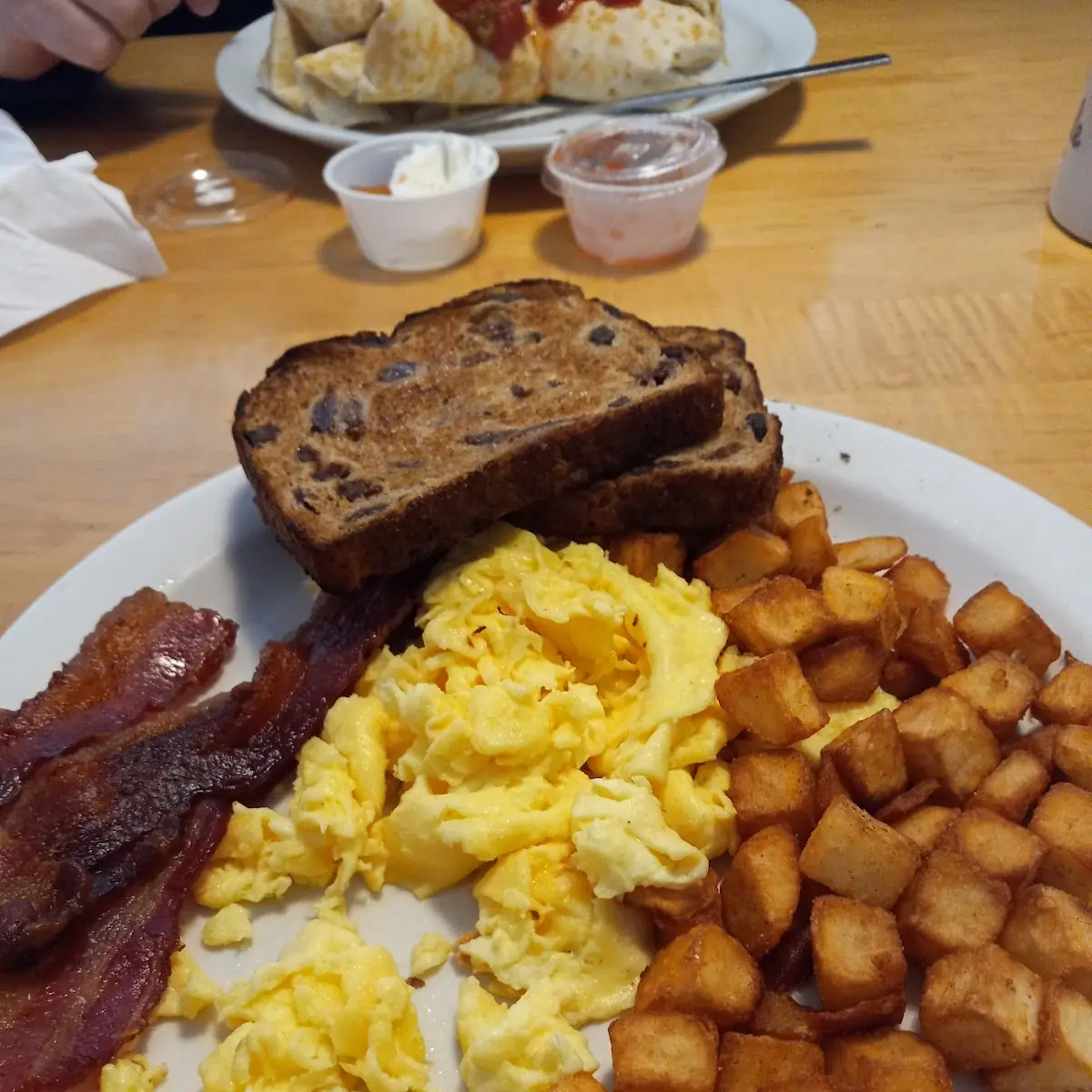 Scrambled Eggs Bacon Hash Browns Cinn Toast