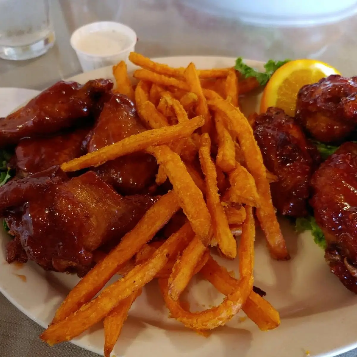 Raspberry Wings and Sweet Potato Fries
