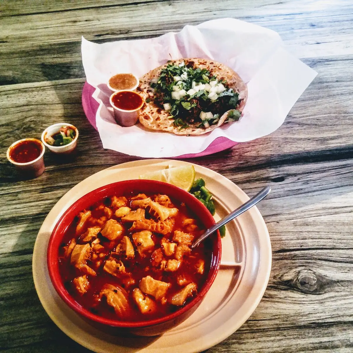 Large Menudo and Barbacoa Taco