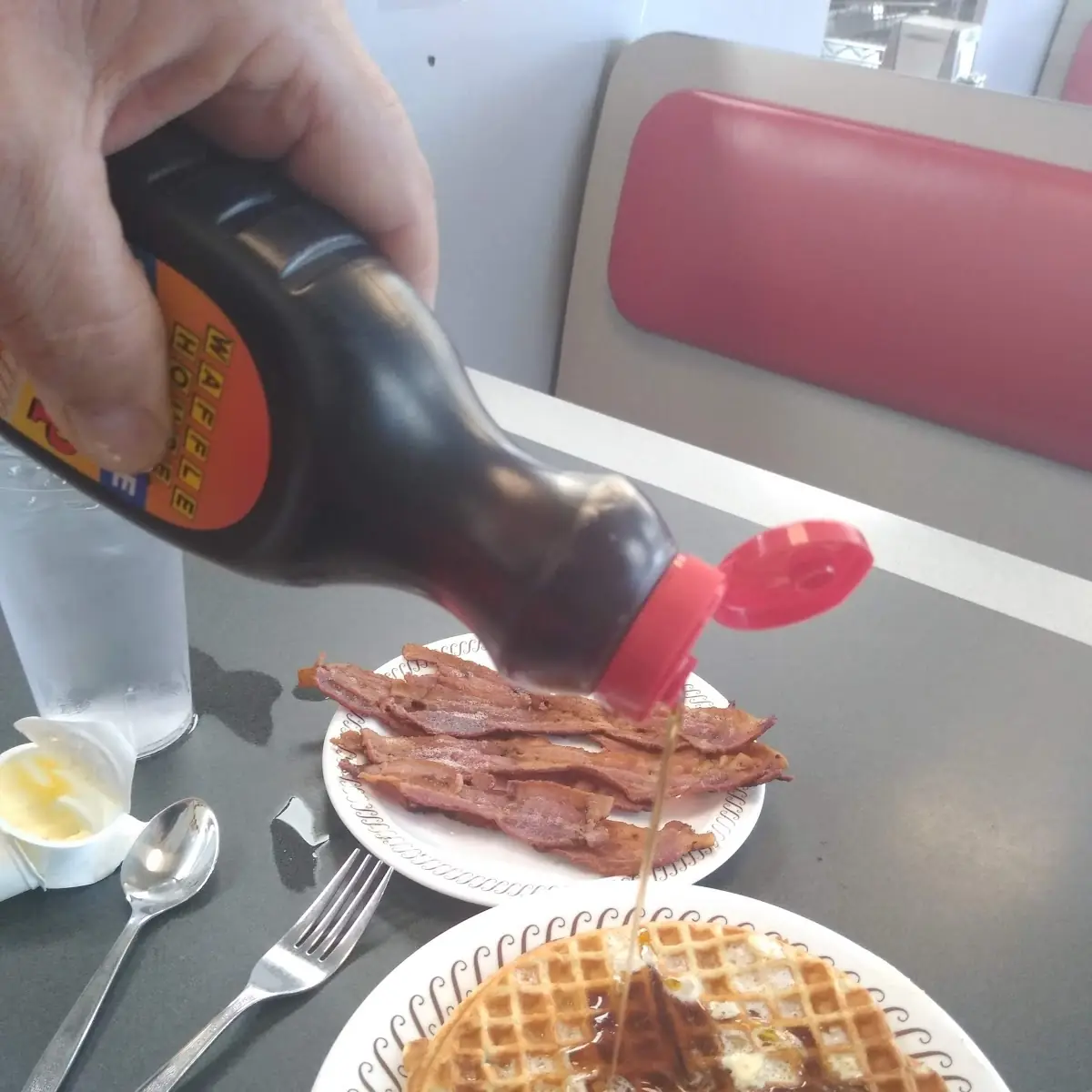 Pecan Waffle Well Done Double Order Crispy Bacon with Sugar-Free Syrup