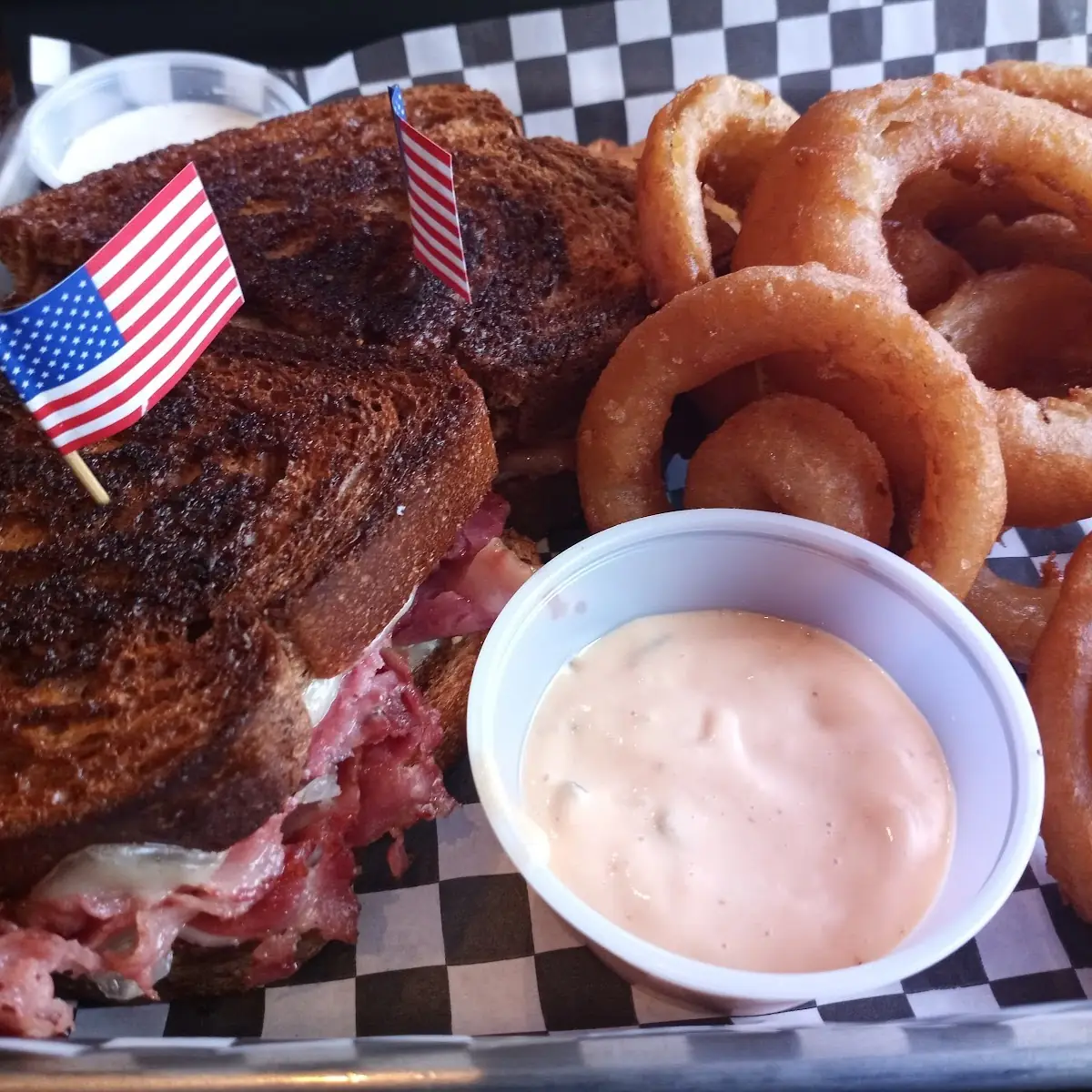 Reuben Sandwich and Onion Rings