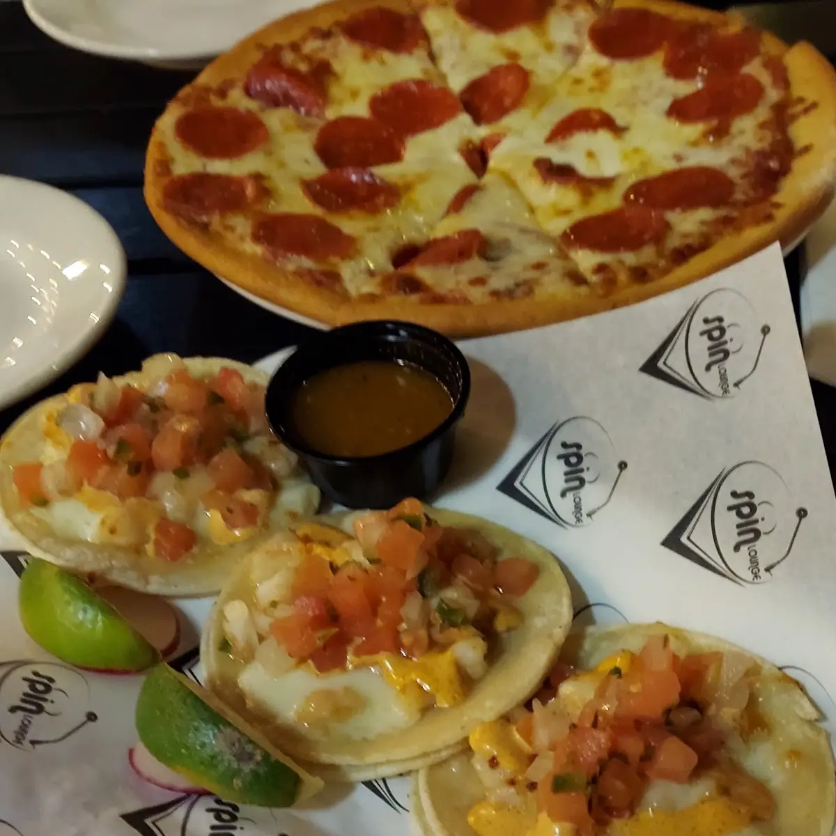 Pepperoni Pizza and Shrimp Tacos