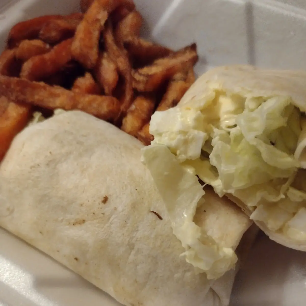 Egg Salad Wrap with Sweet Potato Fries