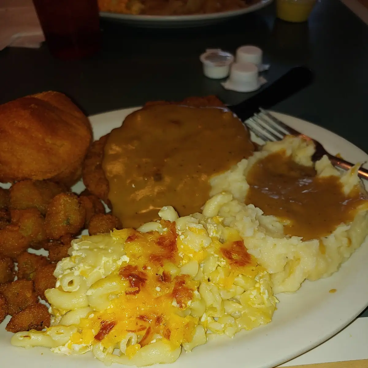 Country Fried Steak Mac and Cheese Mashed Potatoes Okra