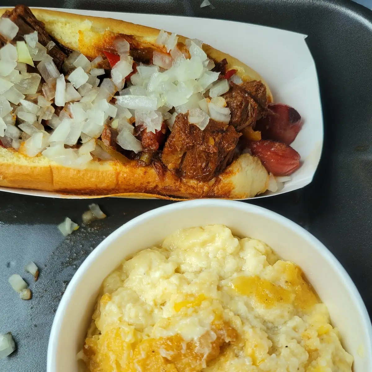 Chili Dog w Side of Corn Pudding