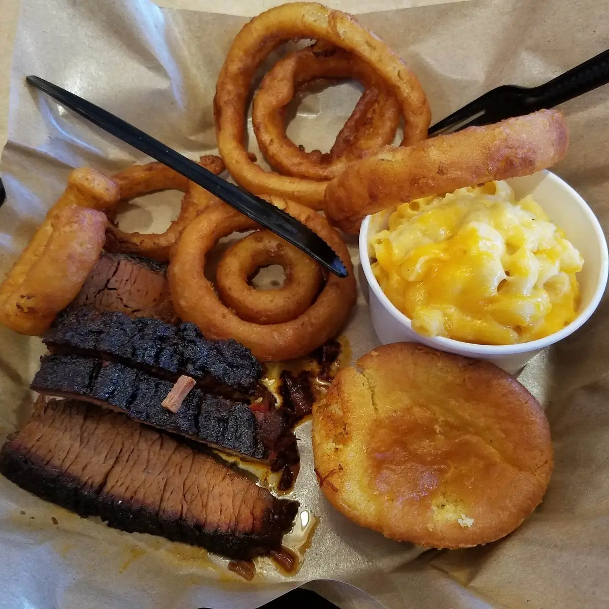 Sliced Brisket Onion Rings Mac&Cheese Cornbread