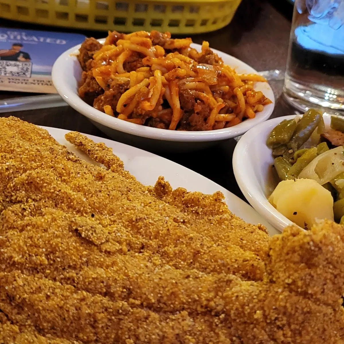 Catfish Dinner with Spaghetti and Green Beans on the Side