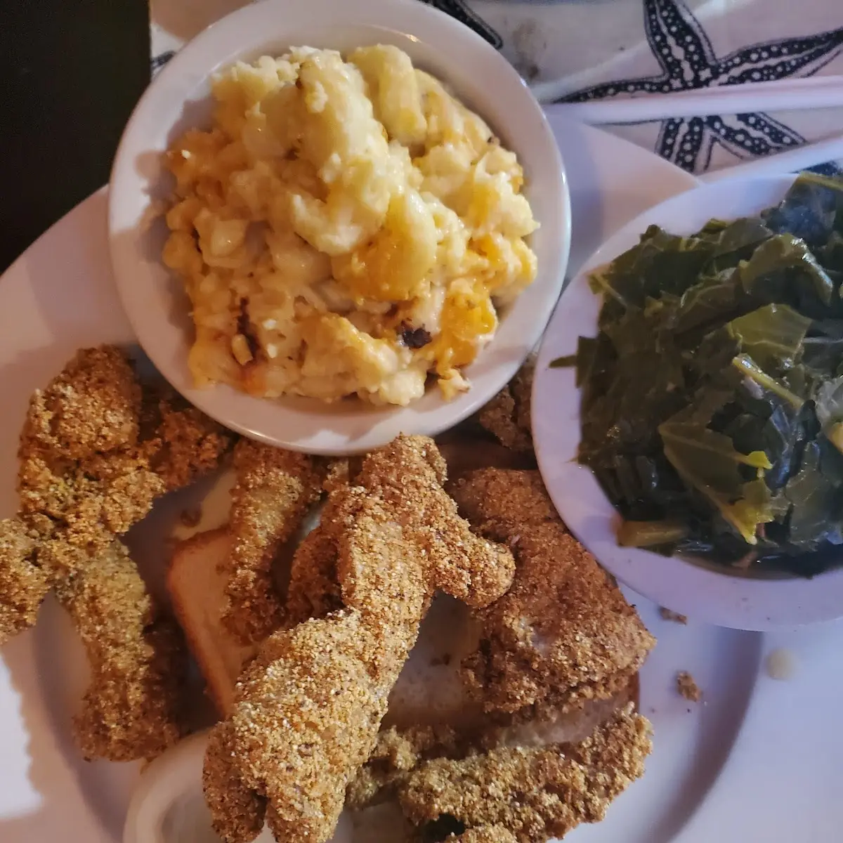 Collard Greens Cat Fish and Mac & Cheese