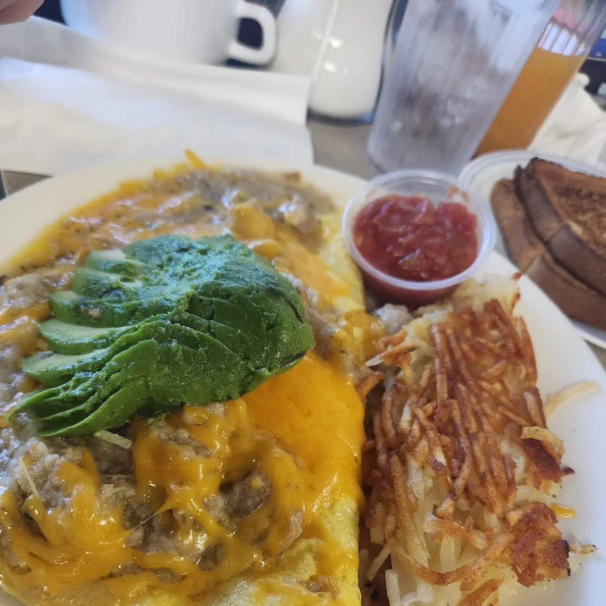 Omelet with Hash Browns and Toast