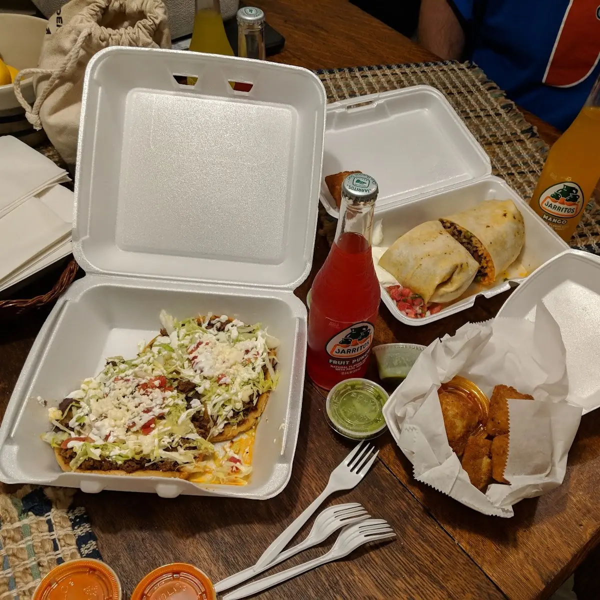Ground Beef Sopes and Ground Beef Burrito with Fried Ravioli and Two Mexican Sodas