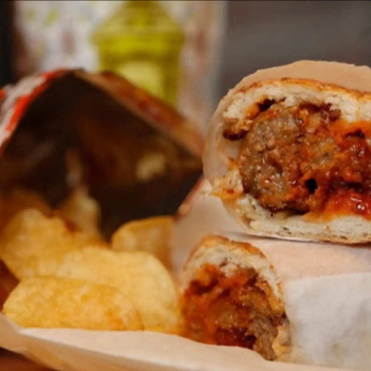 Meatball Sandwich with Potato Chips