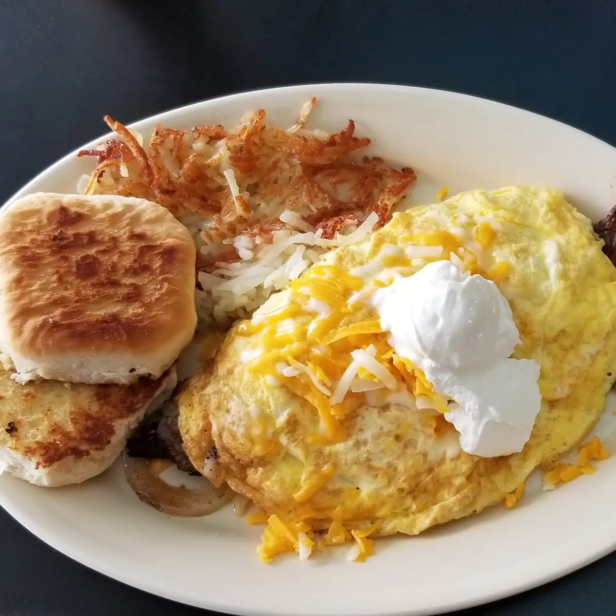 Fajita Omelet with Hash Browns and a Biscuit