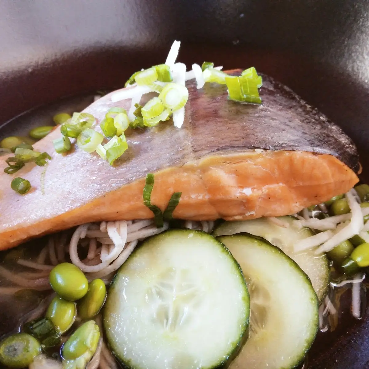 Seared Salmon Dashiell Broth and Soba Noodles