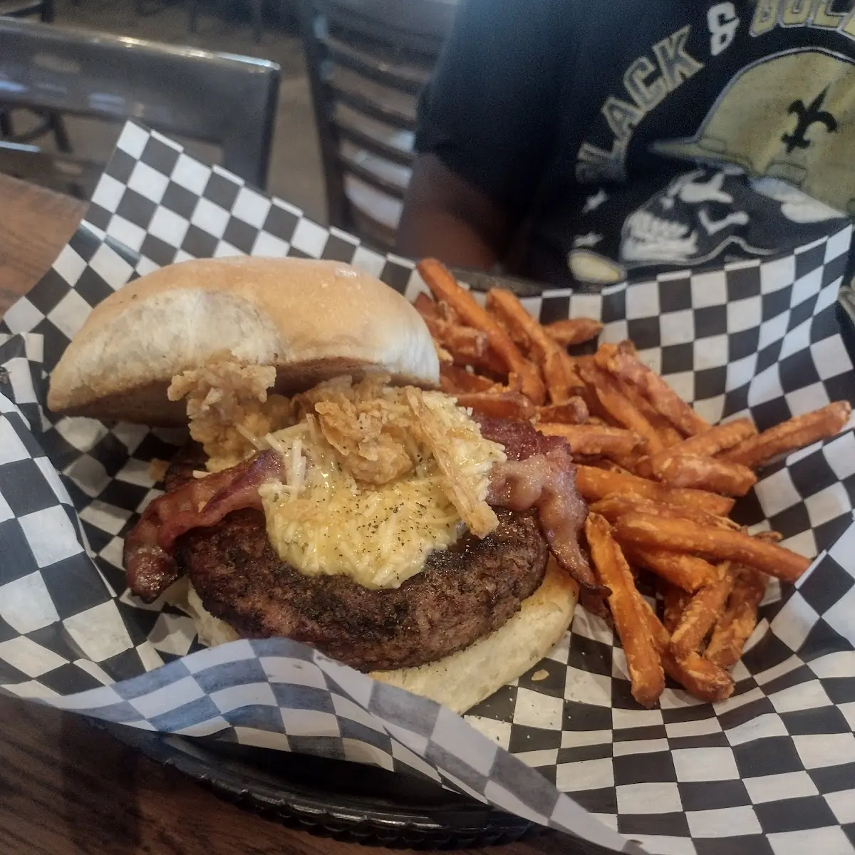 Garlic Parmesan Bacon Burger and Fries