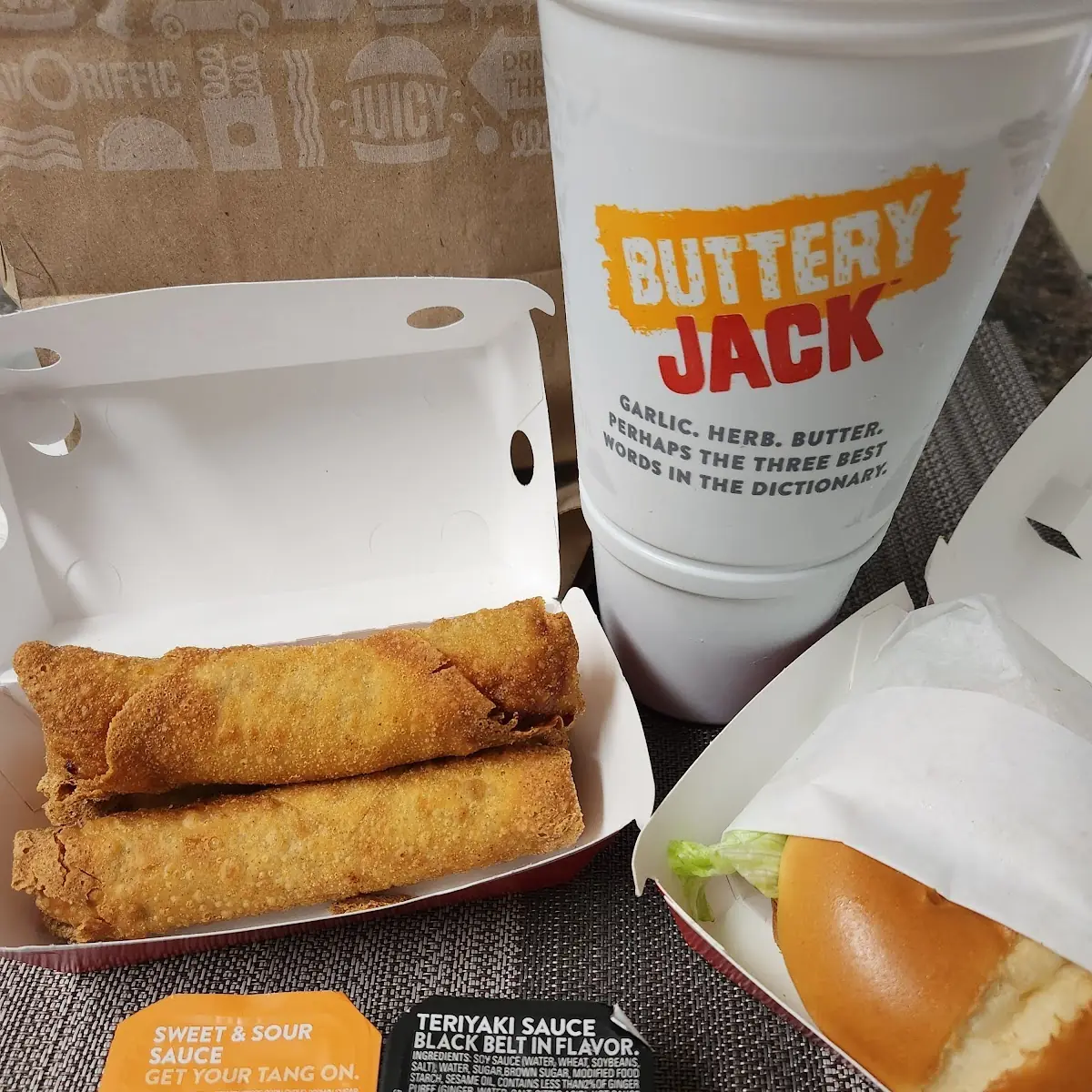 Jumbo Jack Cheeseburger and 3 Egg Rolls