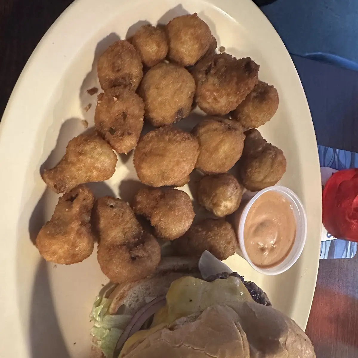 Burger and Fried Mushrooms
