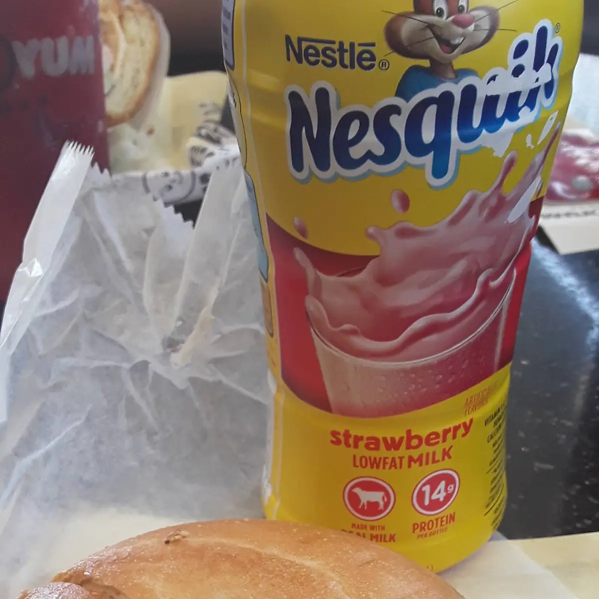 Bagel with Cream Cheese and Strawberry Milk