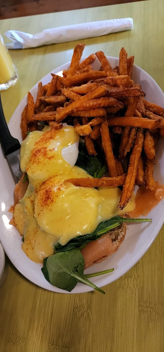 Eggs Benny with Salmon Benefit with Sweet Potato Fries