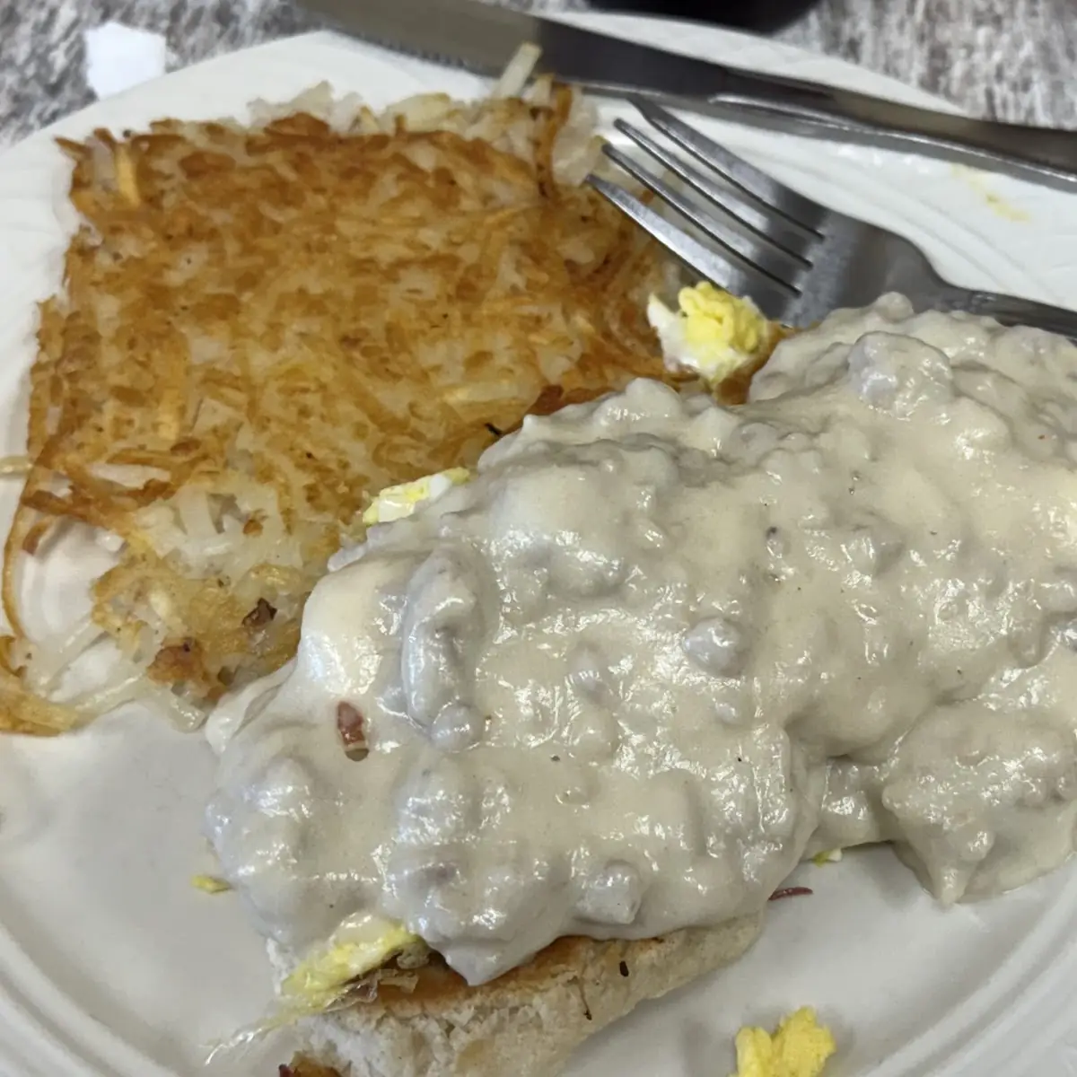 Biscuits and Sausage Gravy Eggs and Hash Browns