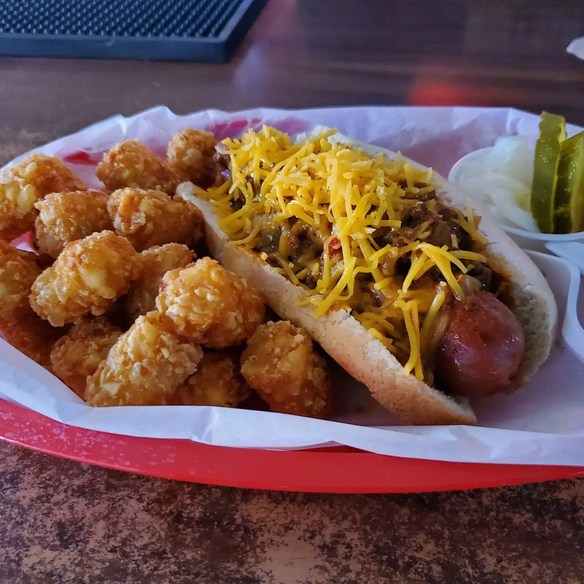 Chili Cheese Dog with Tots